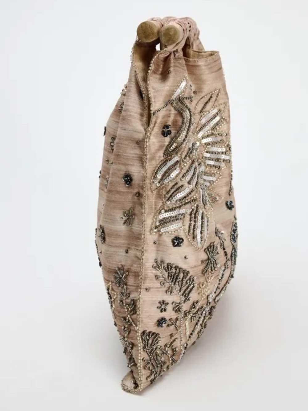 Zara NWT Blush Pink Beige Sequin Beaded Embroidered Wood Handle Clutch Handbag - Picture 6 of 7